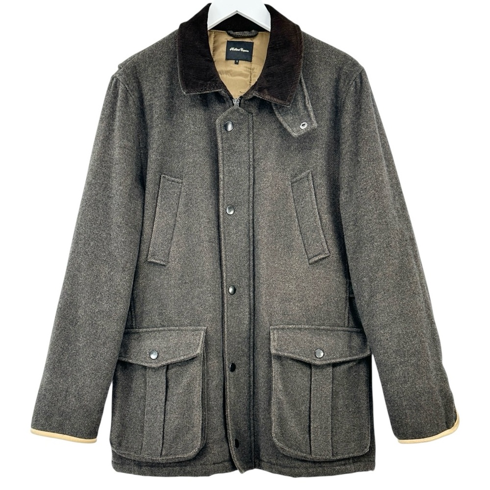 Holland Esquire Gray Brown Herringbone Wool Blend Padded Coat Jacket sz L